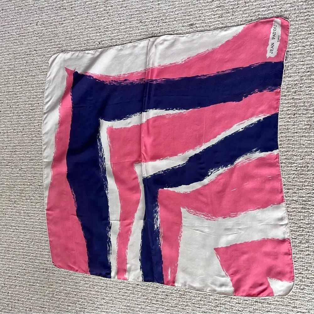 Vintage Jean Patou Womens Scarf Silk Watercolor Abstract Pink Multi